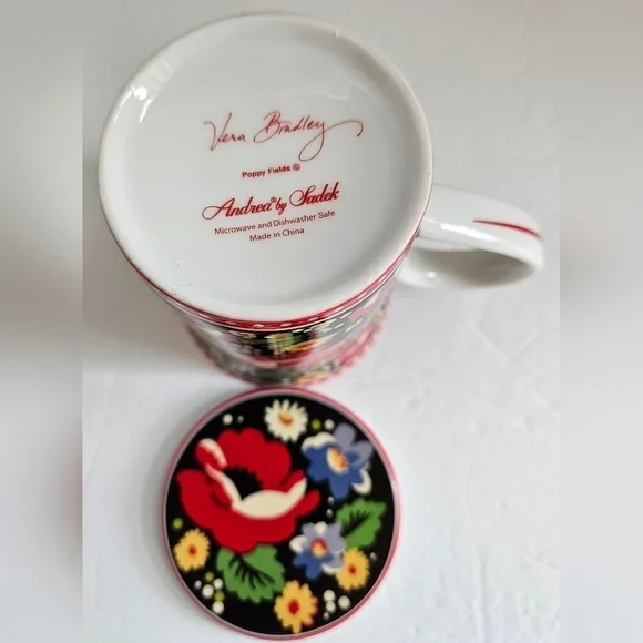 VERA BRADLEY POPPY FIELDS COFFEE MUG WITH LID RED BLACK BLUE - Picture 7 of 8